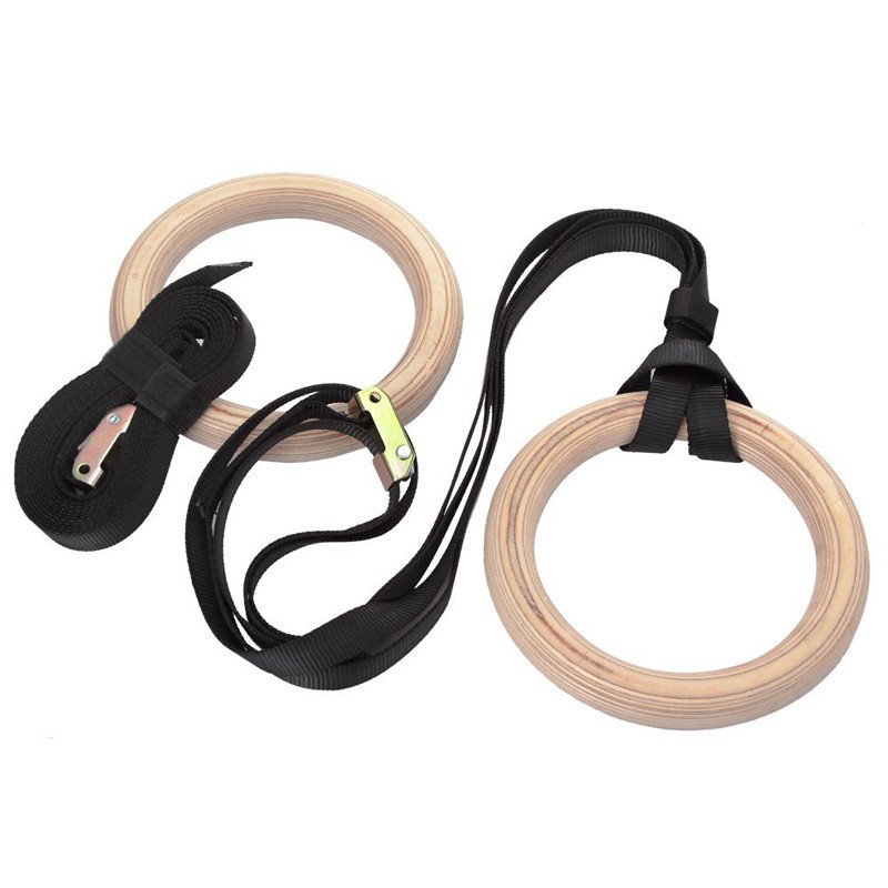 Gymnastic Rings Wooden - Fitnessgymnastiekringen met verstelbare lange gespen, houten