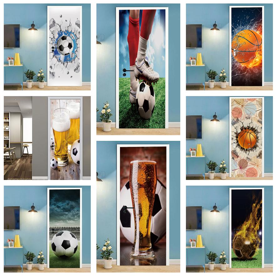 Home Gym Decor - Voetbal Basketbal 3D Behang Deur Sticker